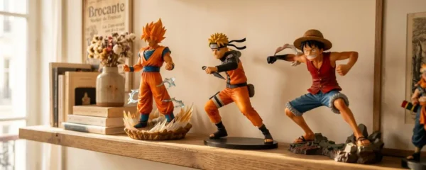Étagère en bois clair exposant une collection de figurines manga premium de sagas japonaises populaires, éclairée par la lumière naturelle d'un après-midi