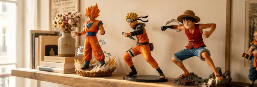 Étagère en bois clair exposant une collection de figurines manga premium de sagas japonaises populaires, éclairée par la lumière naturelle d'un après-midi