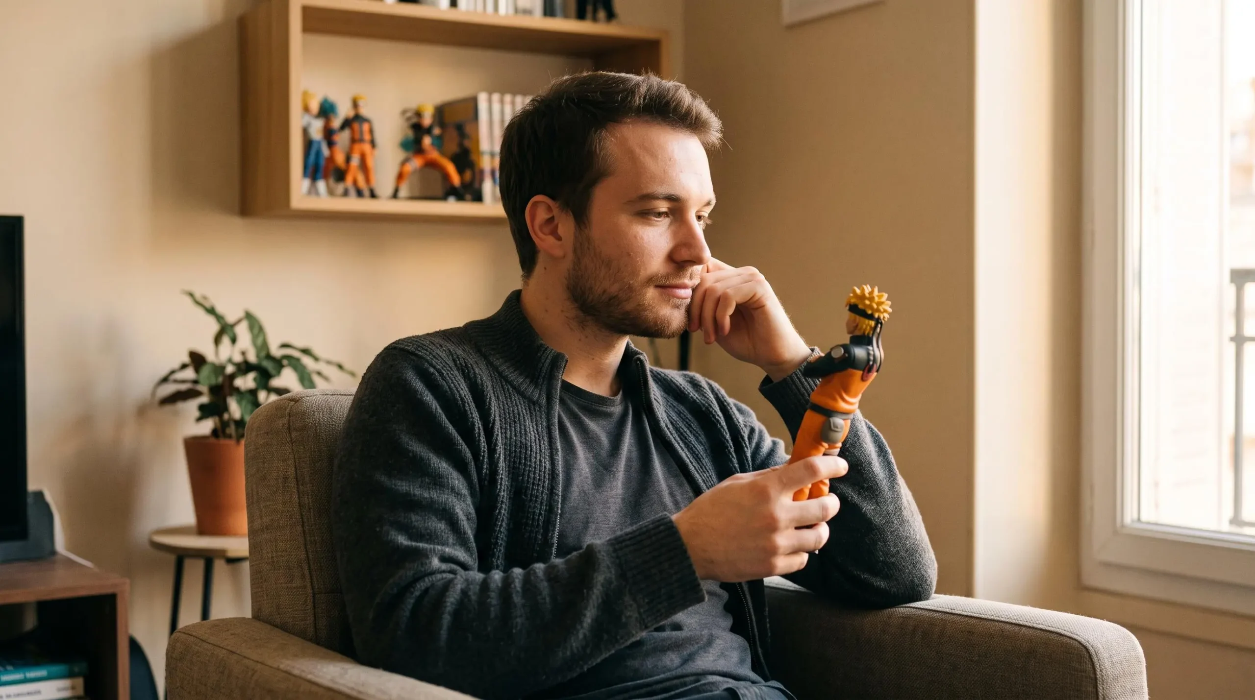 Jeune homme français dans la trentaine tenant délicatement une figurine Naruto dans son salon contemporain, avec une expression contemplative nostalgique