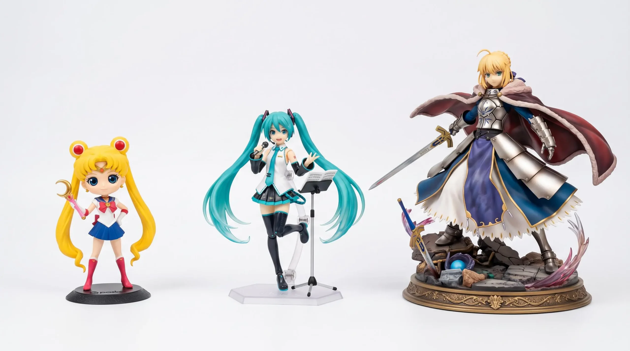 Trois figurines manga de gammes de prix différentes alignées sur fond blanc, montrant la diversité d'échelles et de niveaux de finition disponibles